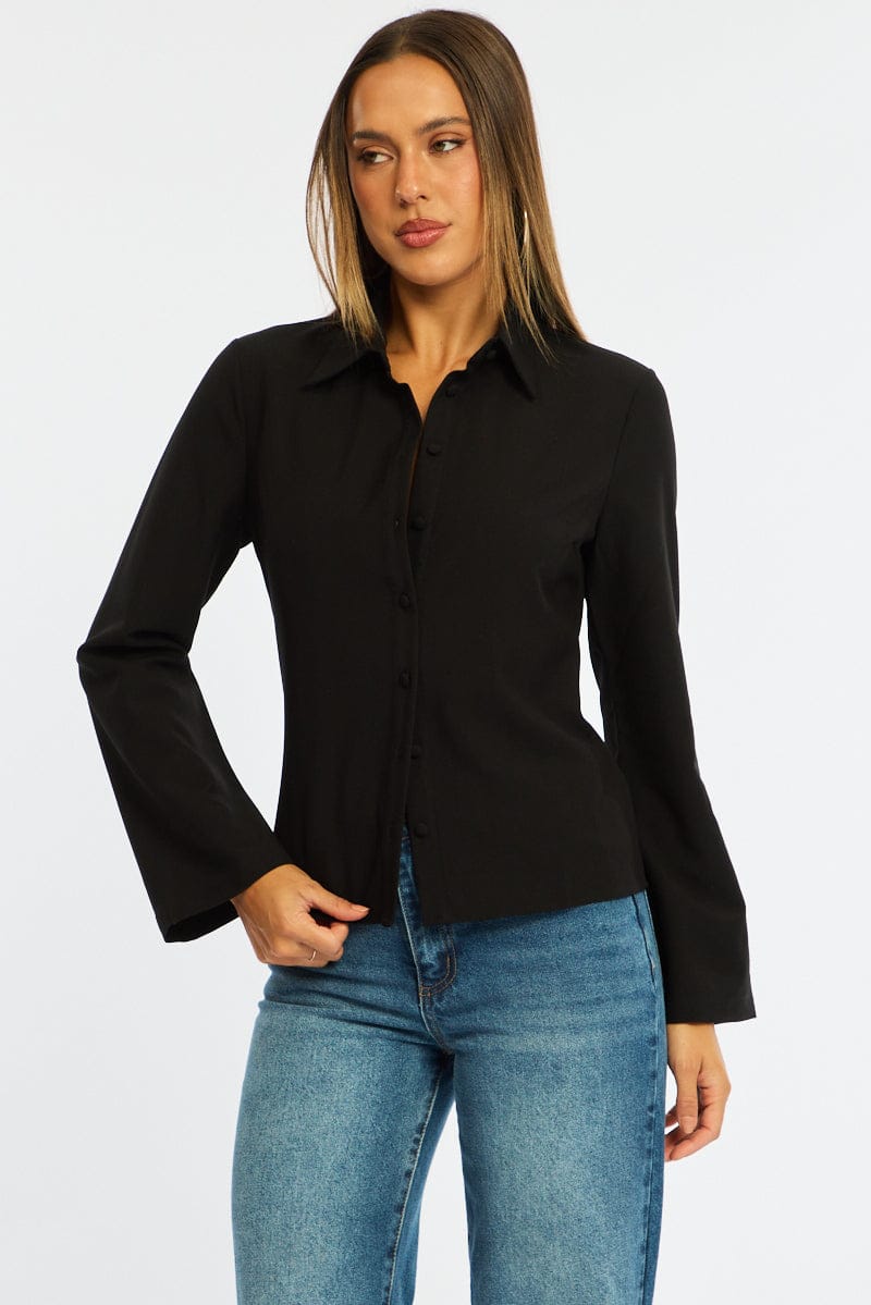 Black Shirt Long Sleeve Collared Button Up